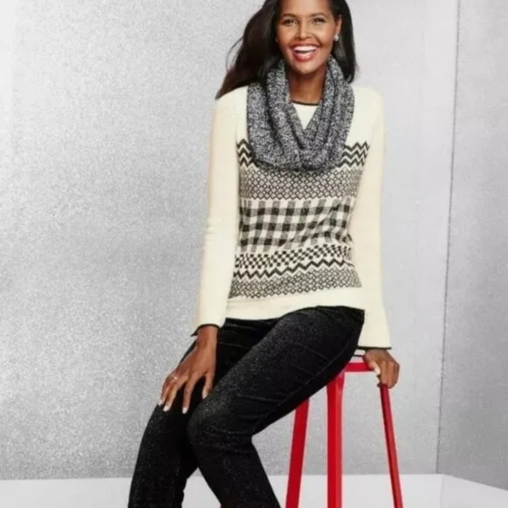 NEW Talbots Woman 2X Wool‎ Blend Cream & White Fair Isle Print Sweater